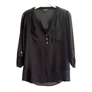 Express Roll Tab Sleeve Blouse Split Neck Top Chest Pockets Black Size S